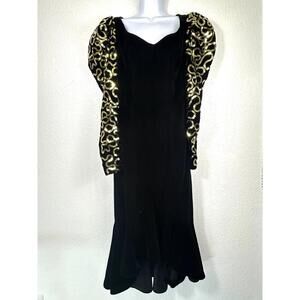 VTG 80s Women’s 7/8 Black Velvet Sequin Puff Sleeve Dress Goth Glam Party